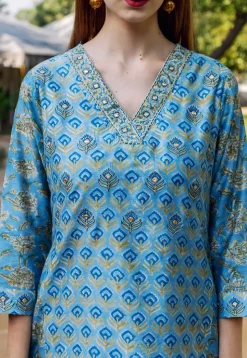 Printed Pure Chanderi Silk Pakistani Suit in Blue