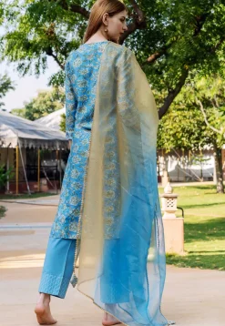Printed Pure Chanderi Silk Pakistani Suit in Blue