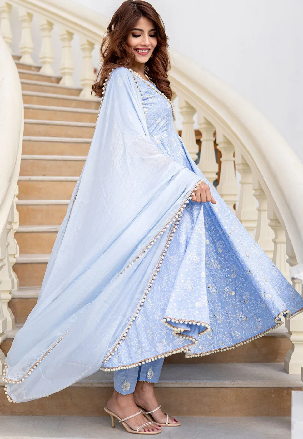 Printed Pure Chanderi Silk A Line Suit in Sky Blue