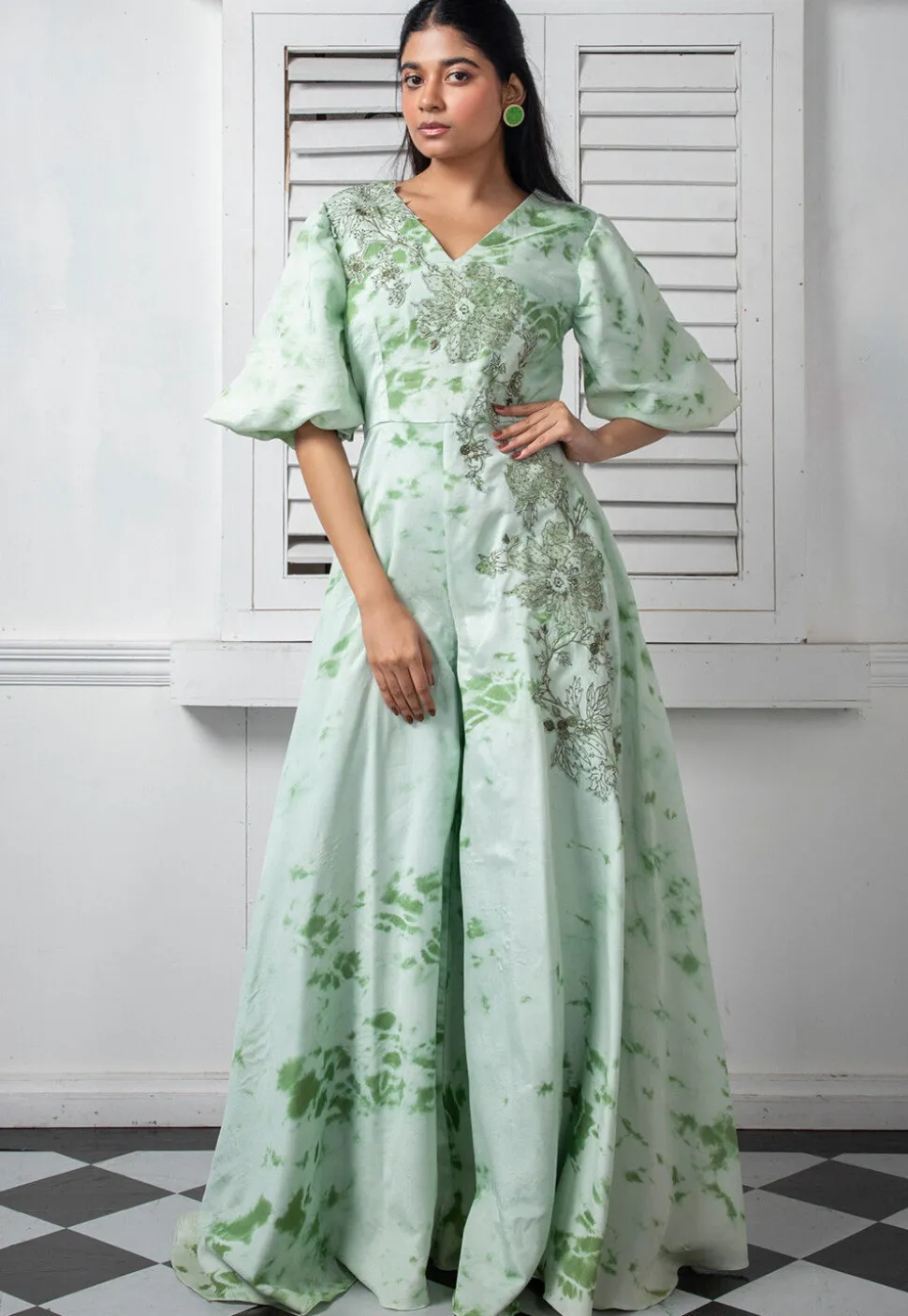 Printed Pure Chinon Chiffon Jumpsuit in Light Sea Green