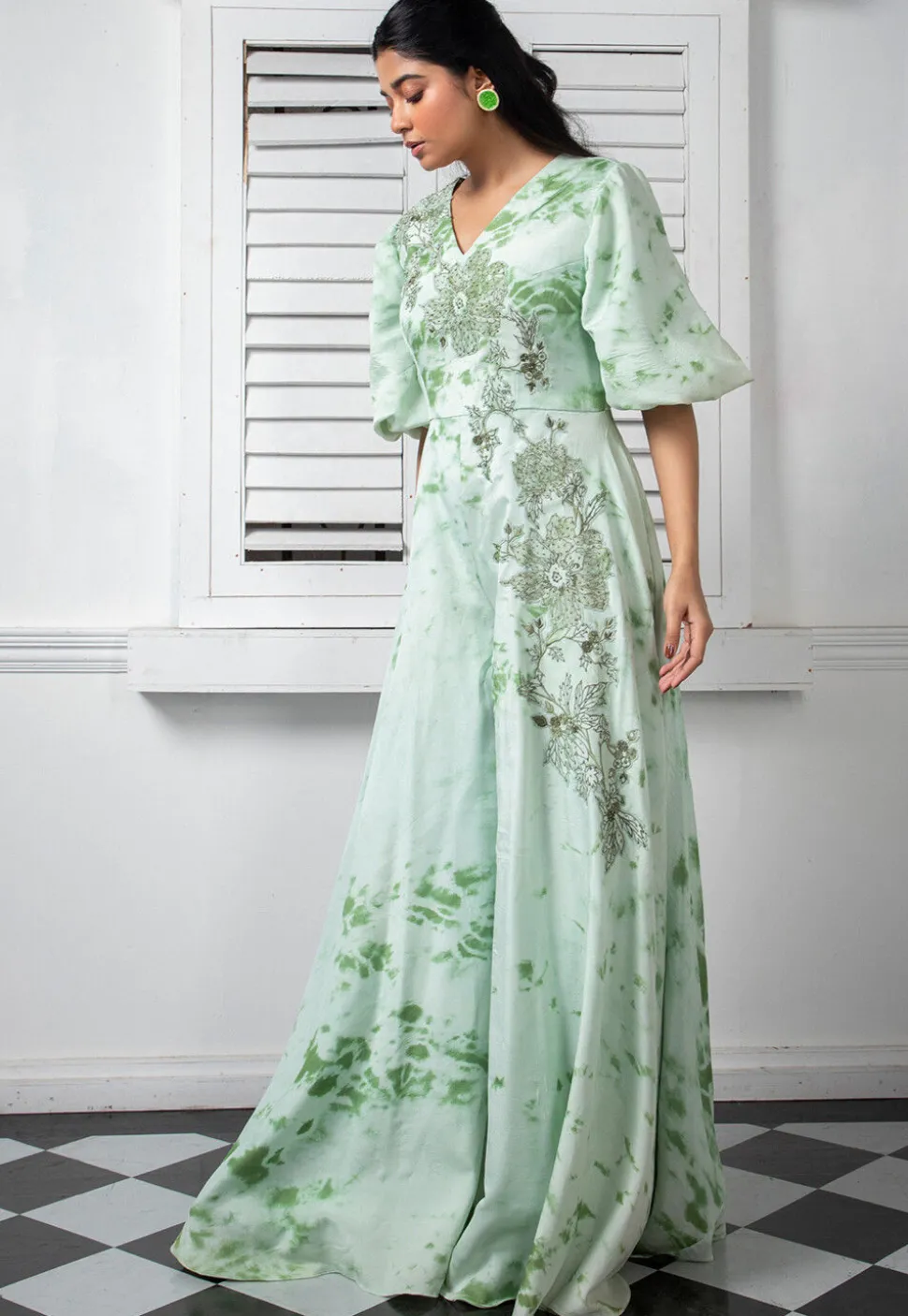 Printed Pure Chinon Chiffon Jumpsuit in Light Sea Green