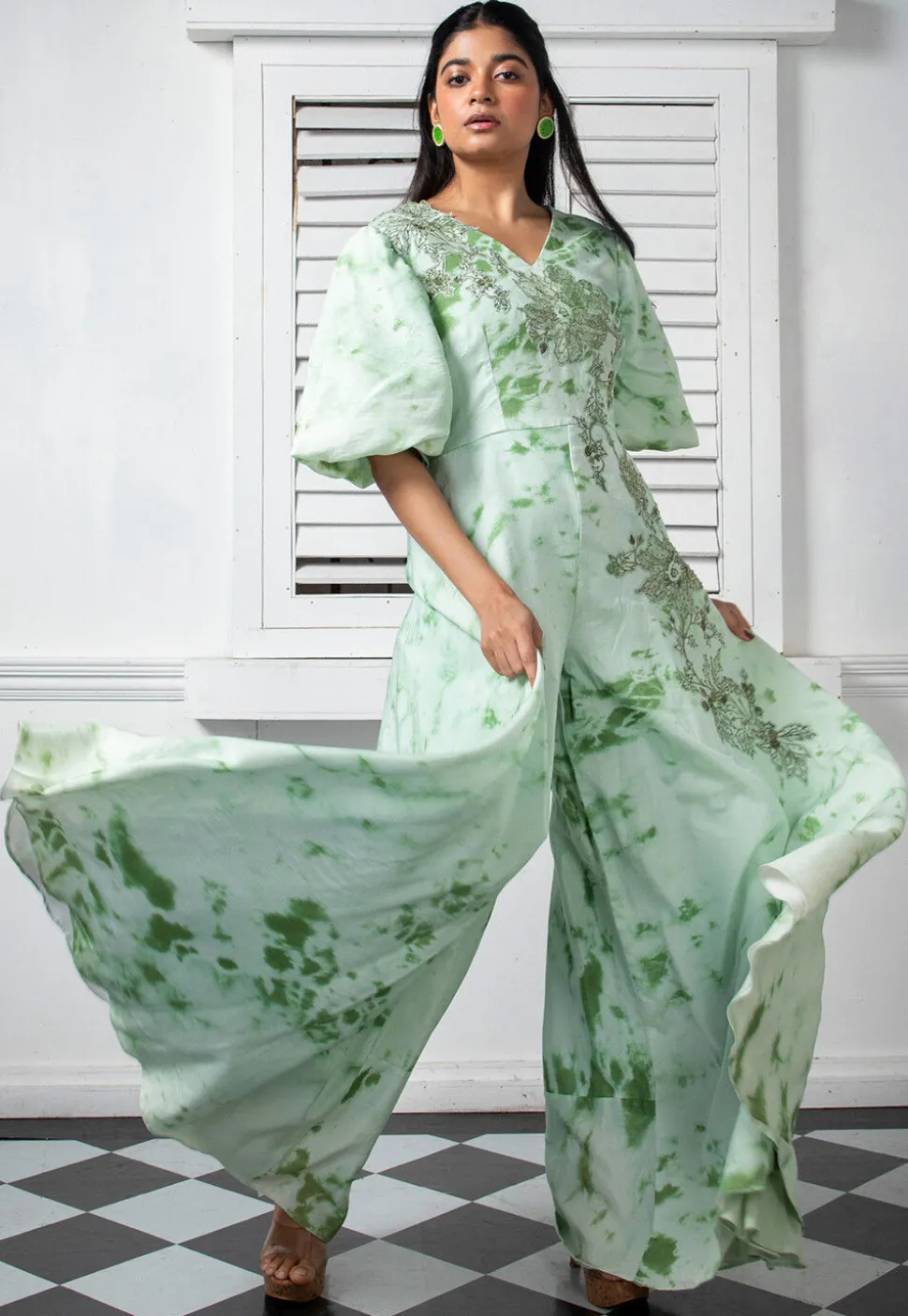 Printed Pure Chinon Chiffon Jumpsuit in Light Sea Green