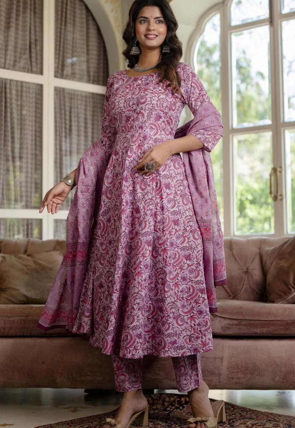 Printed Pure Cotton A Line Suit in Light Purple