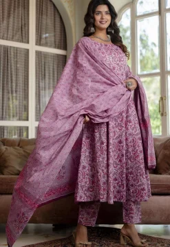 Printed Pure Cotton A Line Suit in Light Purple