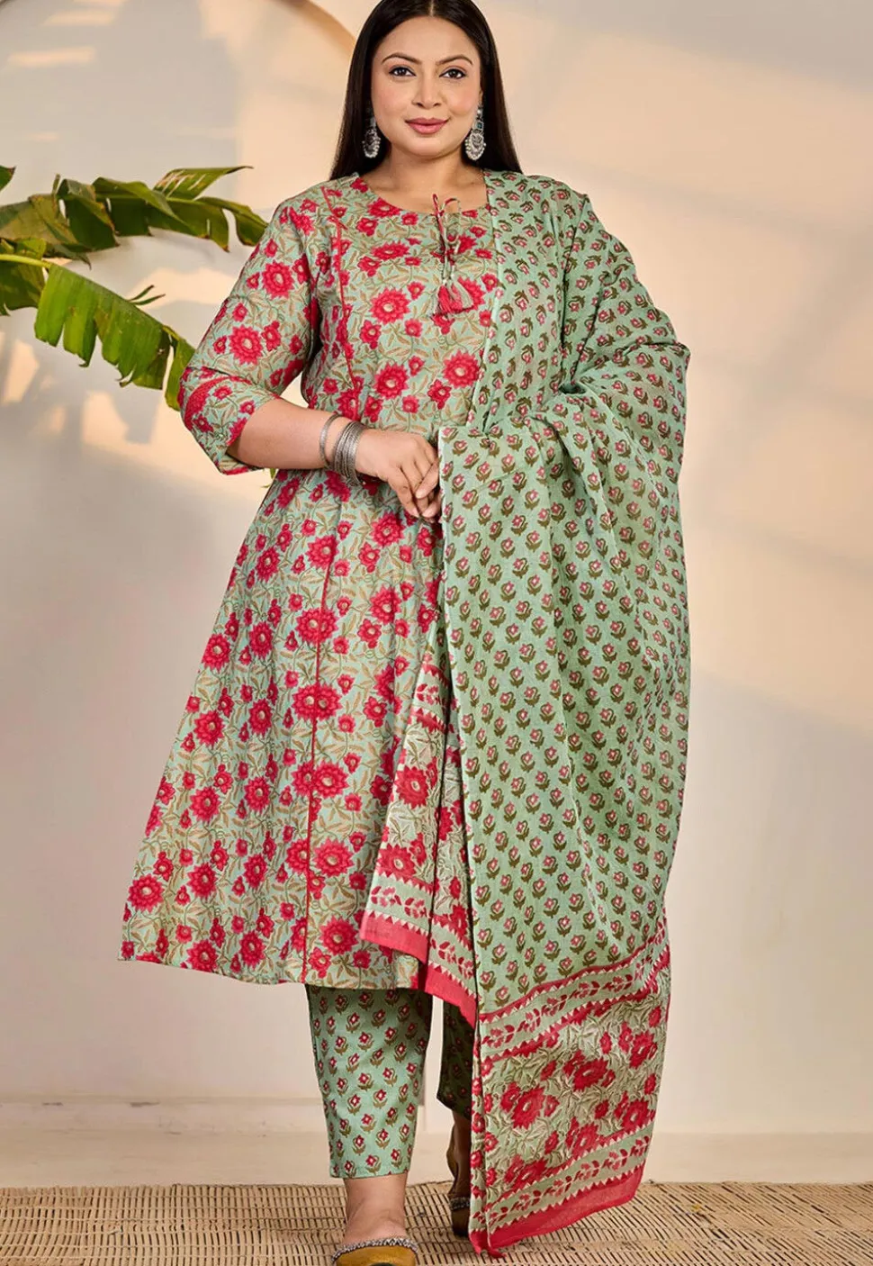 Printed Pure Cotton A Line Suit in Light Green