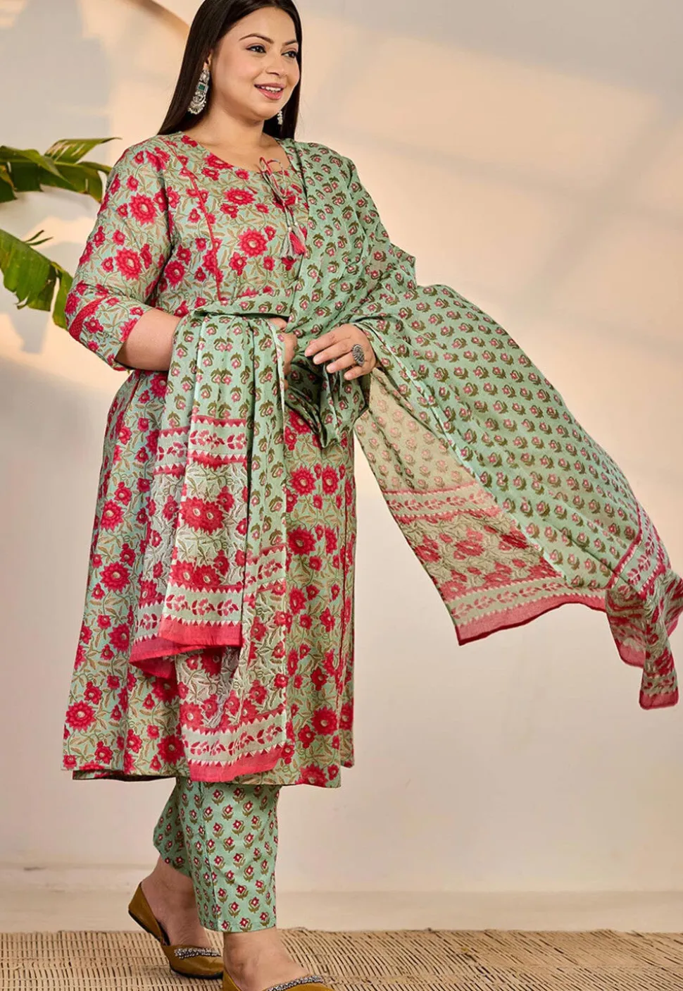 Printed Pure Cotton A Line Suit in Light Green