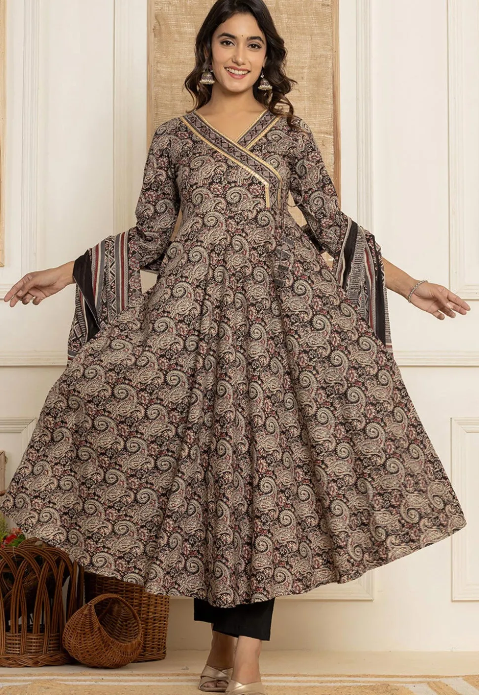 Printed Pure Cotton A Line Suit in Black