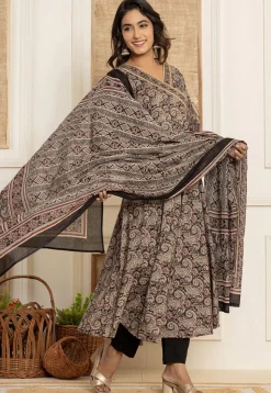 Printed Pure Cotton A Line Suit in Black