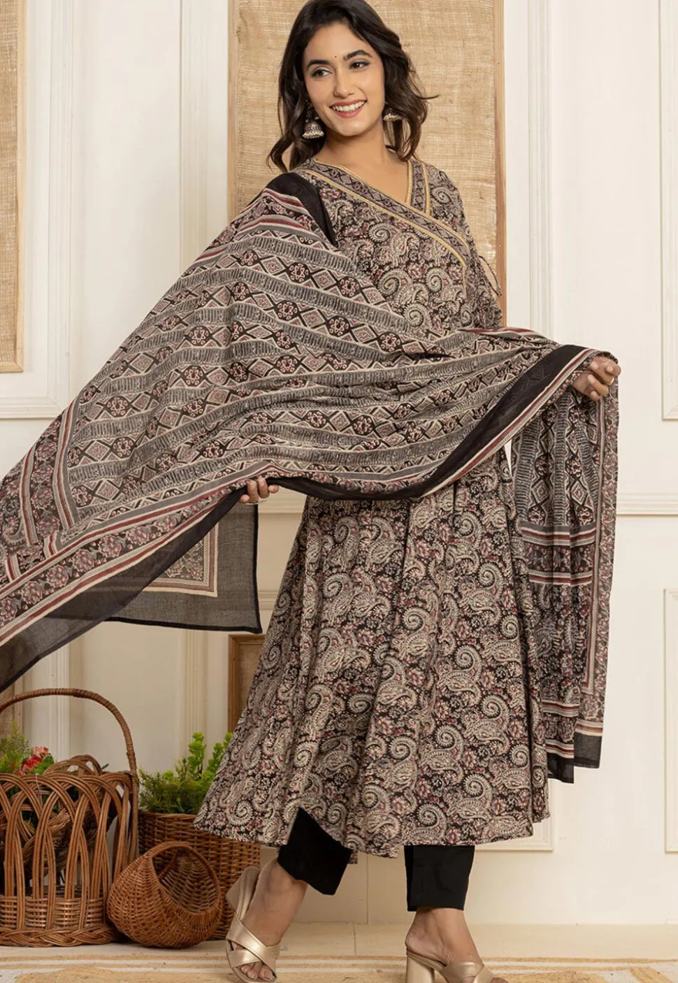 Printed Pure Cotton A Line Suit in Black