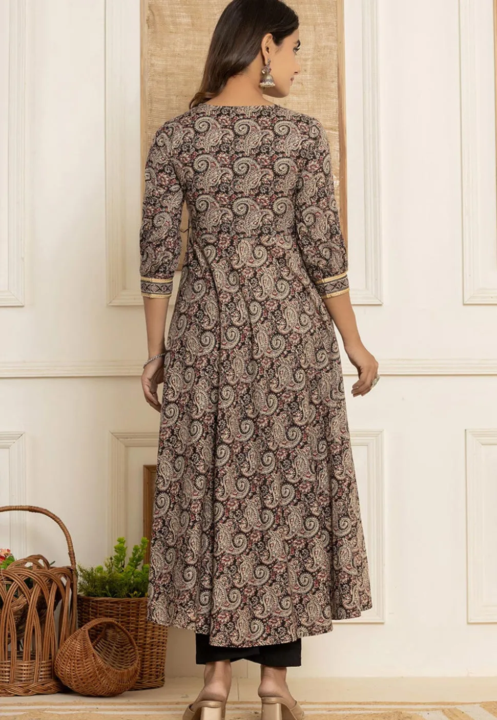 Printed Pure Cotton A Line Suit in Black