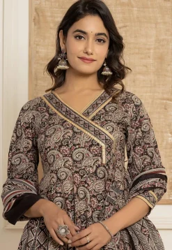 Printed Pure Cotton A Line Suit in Black