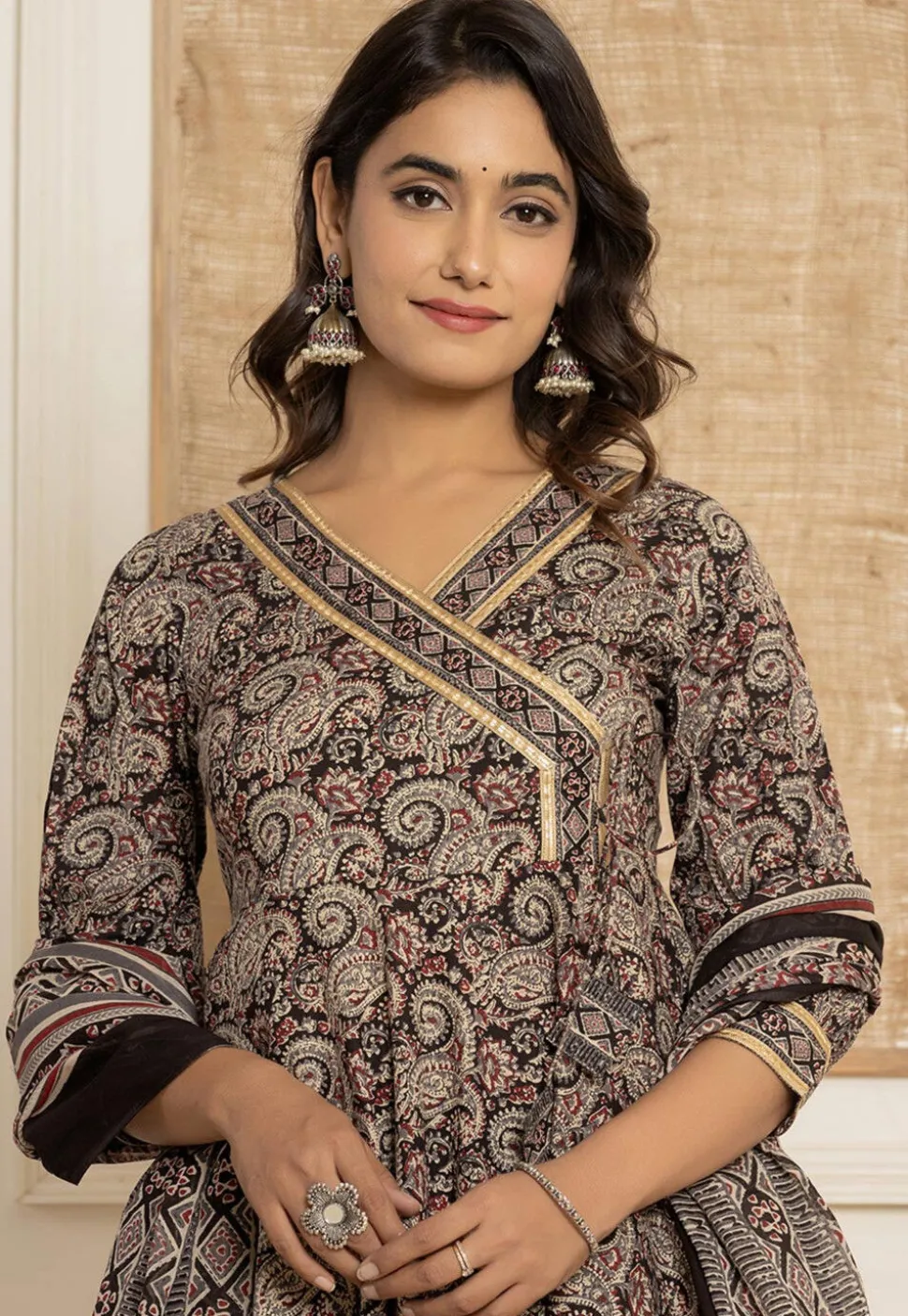 Printed Pure Cotton A Line Suit in Black