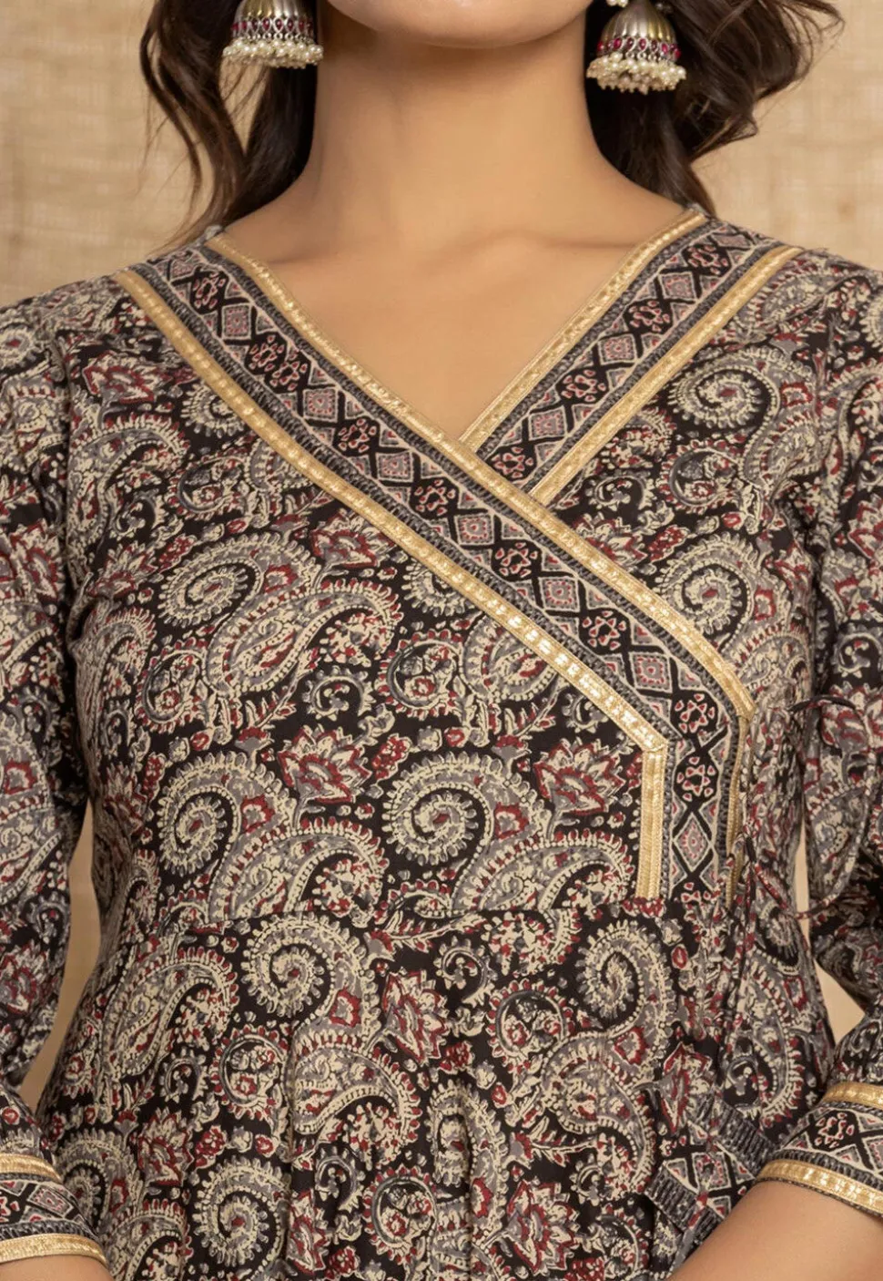 Printed Pure Cotton A Line Suit in Black