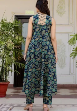 Printed Pure Cotton A Line Suit in Navy Blue
