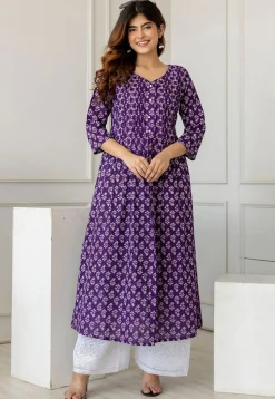 Printed Pure Cotton A Line Kurta in Dark Purple