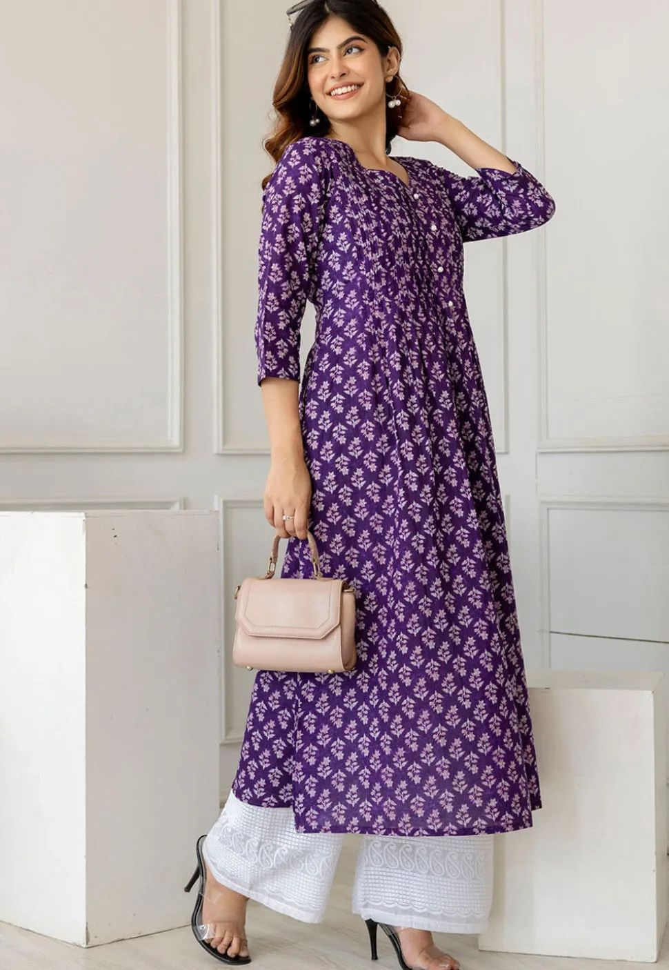 Printed Pure Cotton A Line Kurta in Dark Purple