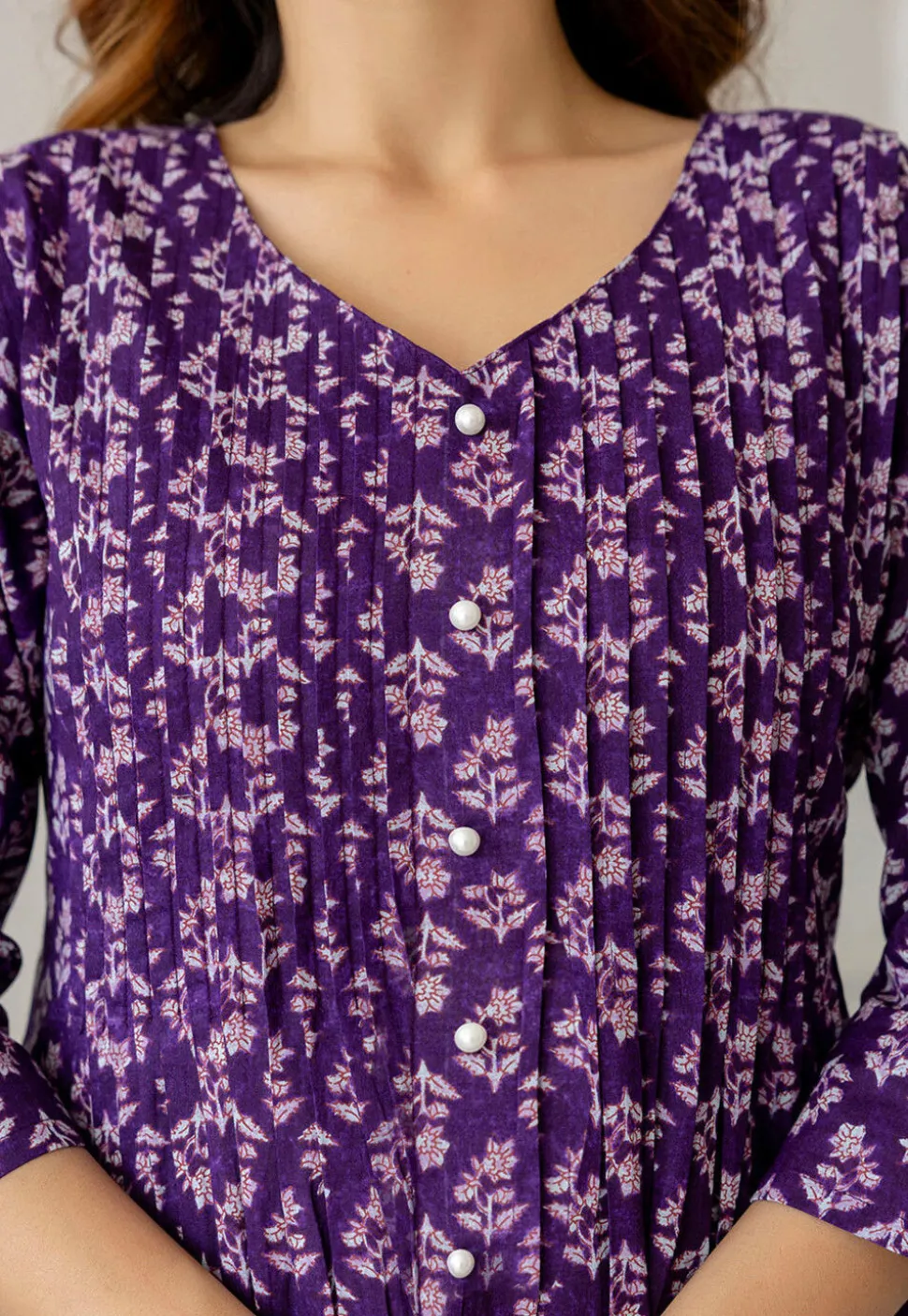 Printed Pure Cotton A Line Kurta in Dark Purple