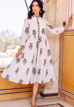 Printed Pure Cotton A Line Dress in Off White