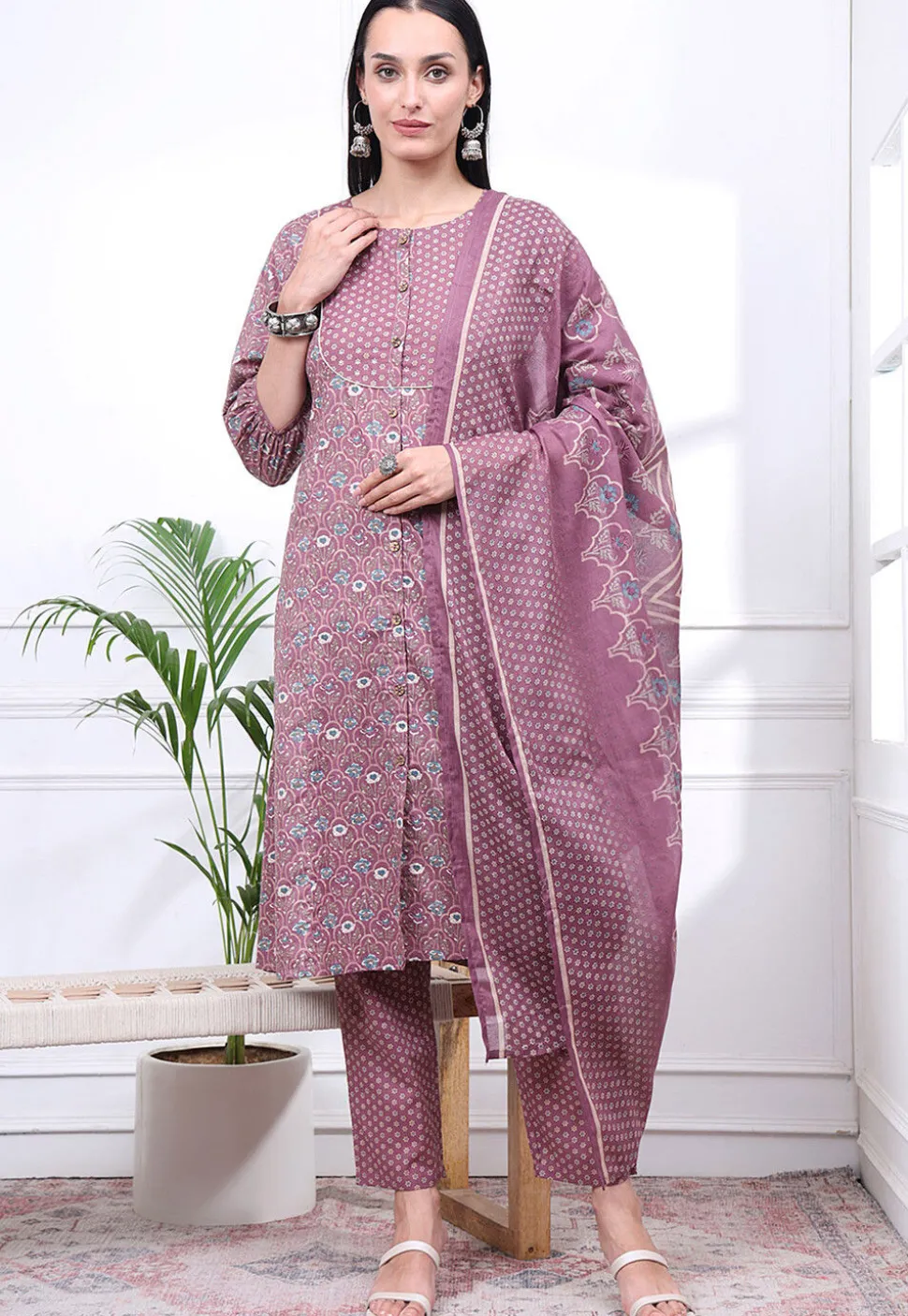 Printed Pure Cotton A Line Suit in Dusty Purple