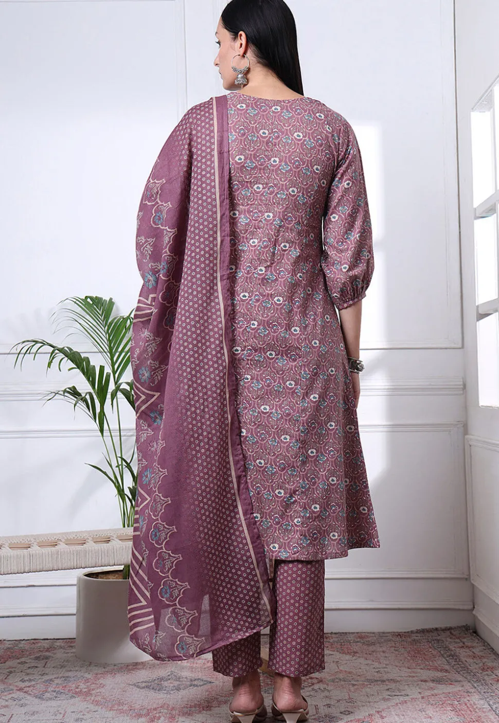 Printed Pure Cotton A Line Suit in Dusty Purple