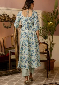 Printed Pure Cotton A Line Suit in Dusty Green