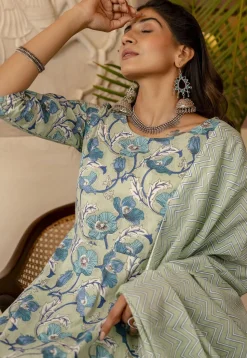 Printed Pure Cotton A Line Suit in Dusty Green