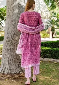 Printed Pure Cotton A Line Suit in Dark Pink