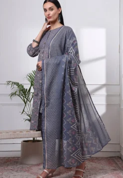 Printed Pure Cotton A Line Suit in Grey