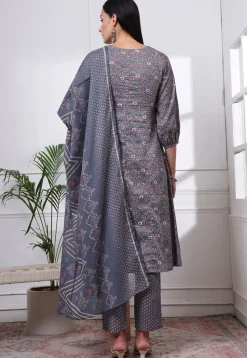 Printed Pure Cotton A Line Suit in Grey