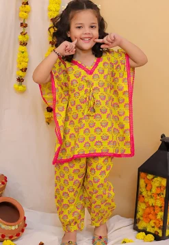 Printed Pure Cotton A Line Kurta Set in Yellow