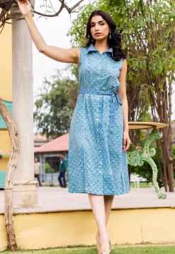 Printed Pure Cotton A Line Dress in Blue
