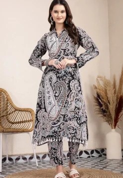 Printed Pure Cotton A Line Kurta Set in Black