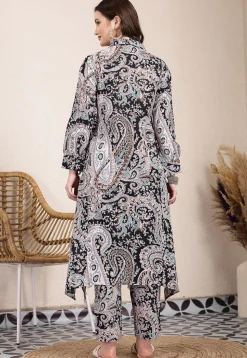 Printed Pure Cotton A Line Kurta Set in Black