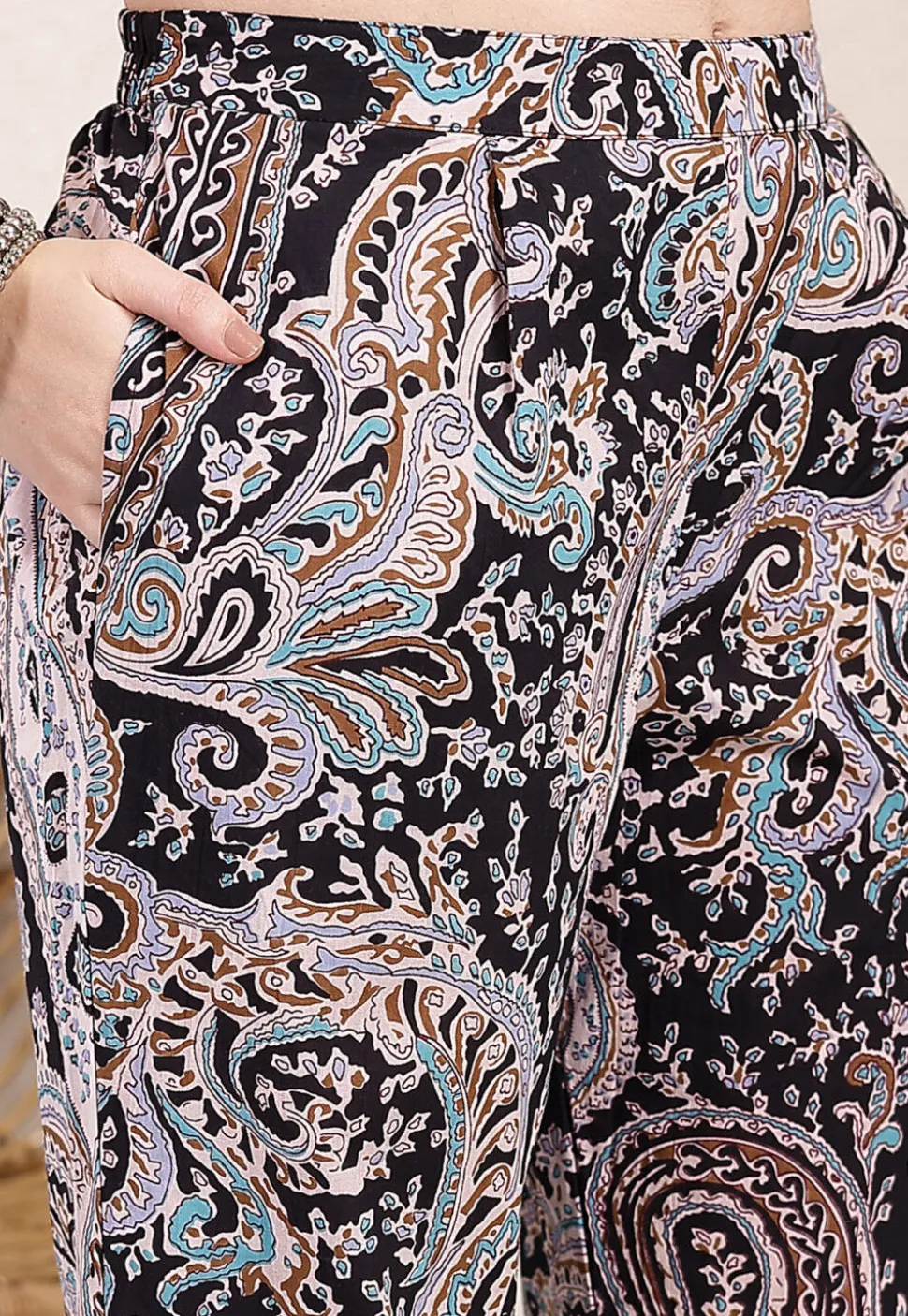 Printed Pure Cotton A Line Kurta Set in Black