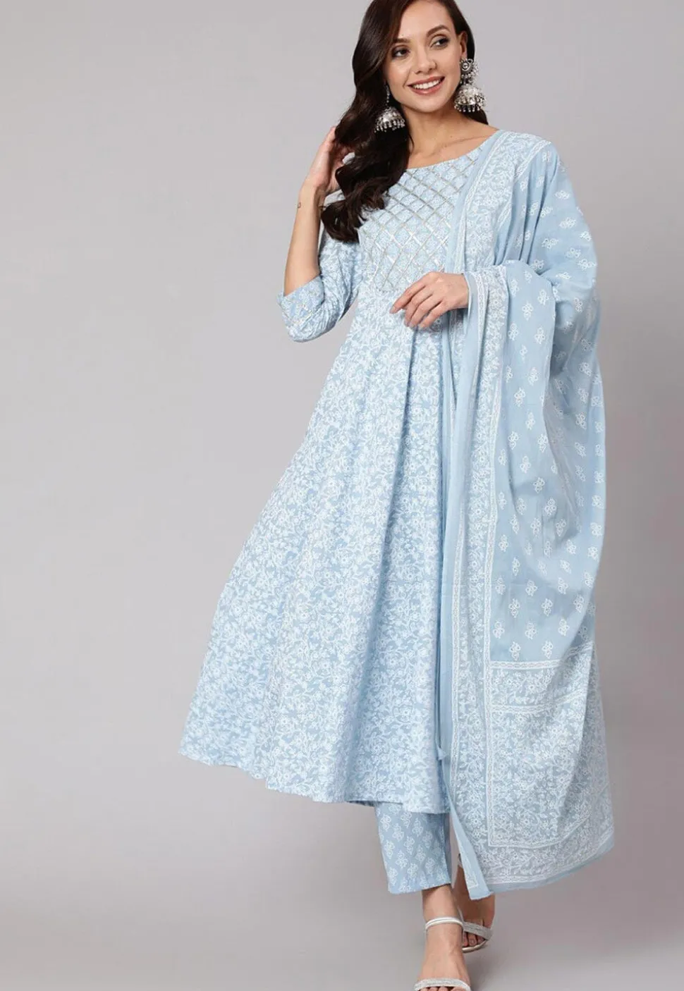 Printed Pure Cotton A Line Suit in Sky Blue
