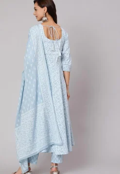 Printed Pure Cotton A Line Suit in Sky Blue