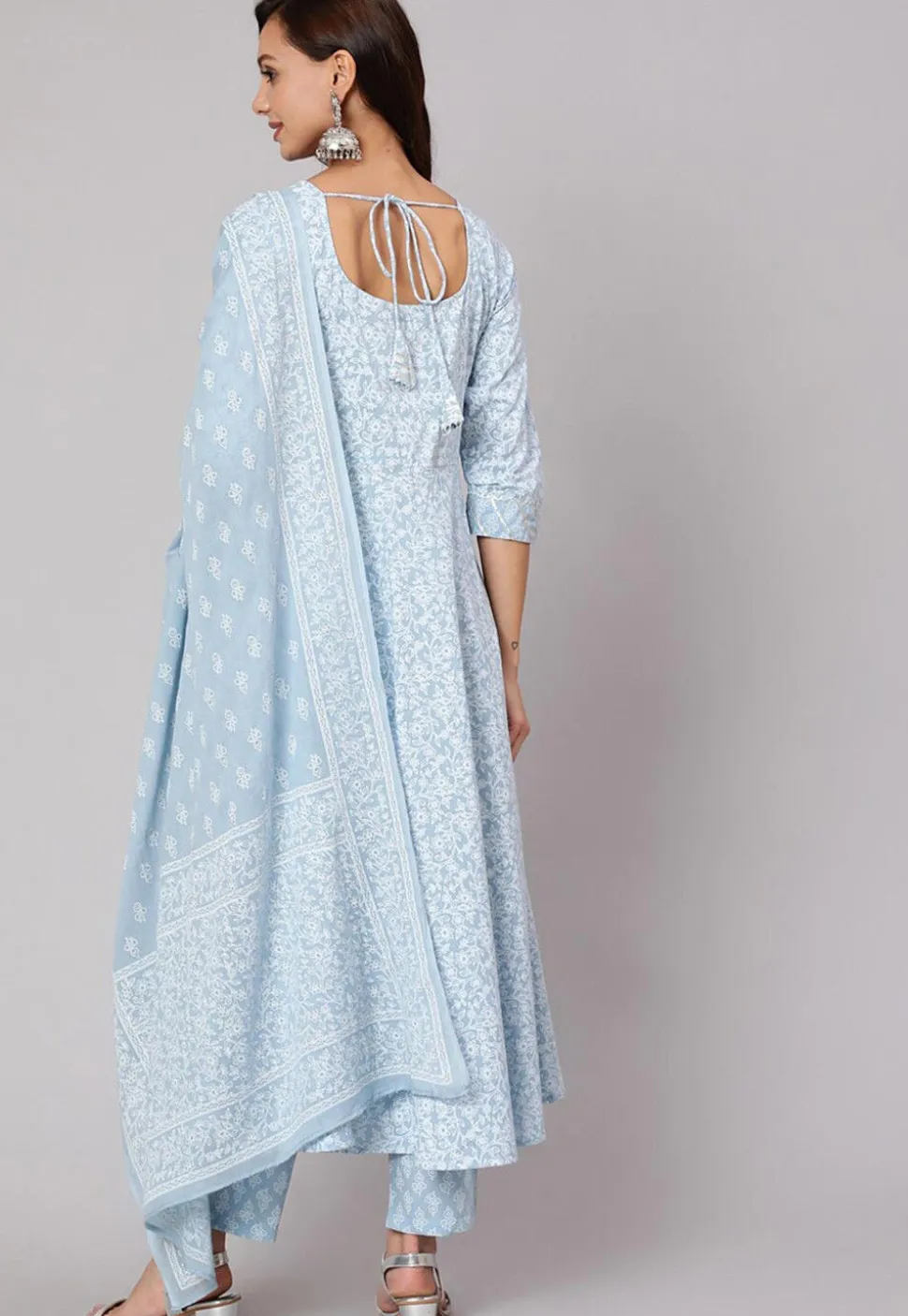 Printed Pure Cotton A Line Suit in Sky Blue