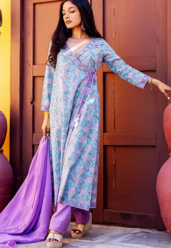 Printed Pure Cotton A Line Suit in Blue