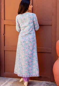 Printed Pure Cotton A Line Suit in Blue