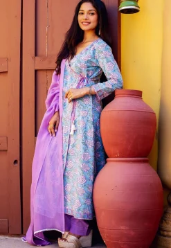 Printed Pure Cotton A Line Suit in Blue