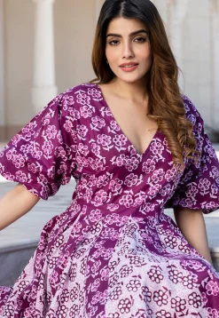 Printed Pure Cotton A Line Dress in Purple and White