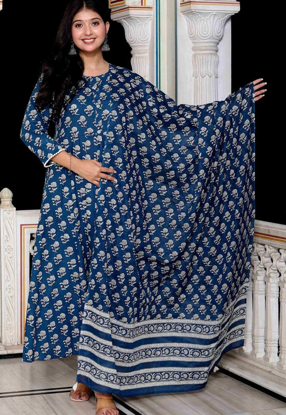 Printed Pure Cotton A Line Suit in Dark Blue