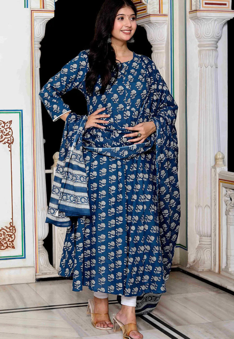 Printed Pure Cotton A Line Suit in Dark Blue