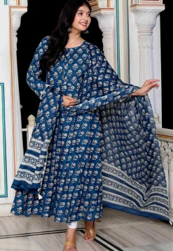 Printed Pure Cotton A Line Suit in Dark Blue