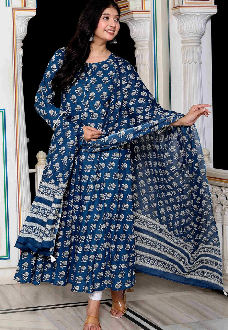 Printed Pure Cotton A Line Suit in Dark Blue