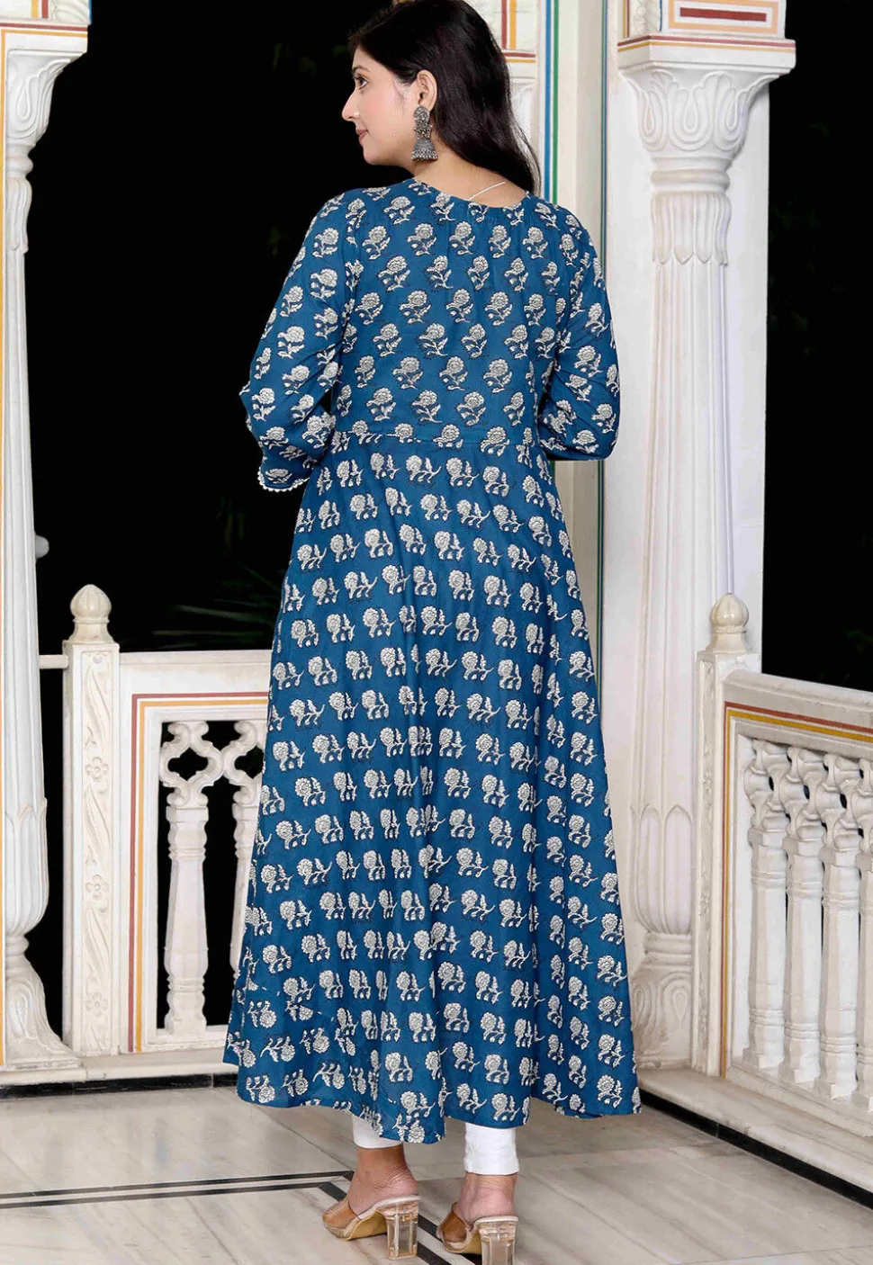 Printed Pure Cotton A Line Suit in Dark Blue