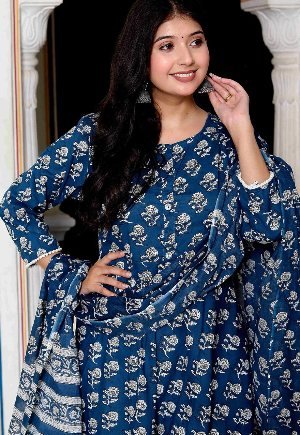 Printed Pure Cotton A Line Suit in Dark Blue