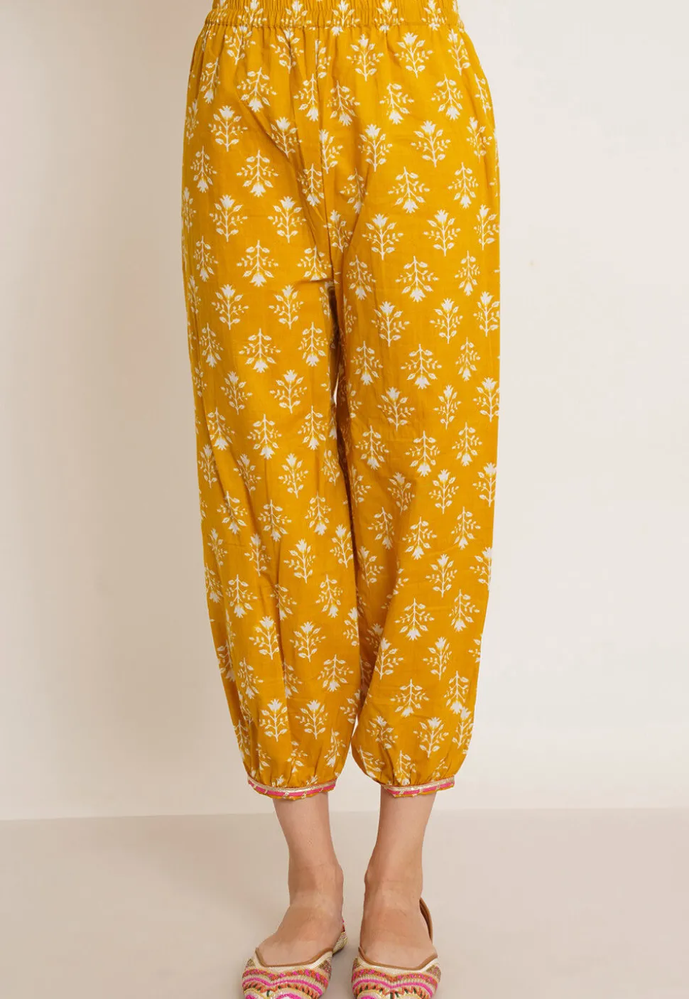 Printed Pure Cotton Alia Cut Punjabi Suit in Dark Yellow