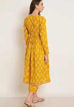 Printed Pure Cotton Alia Cut Punjabi Suit in Dark Yellow