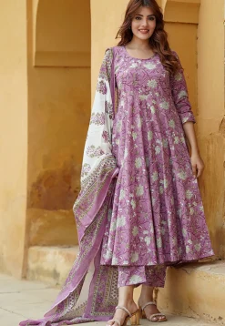 Printed Pure Cotton Aline Suit in Purple